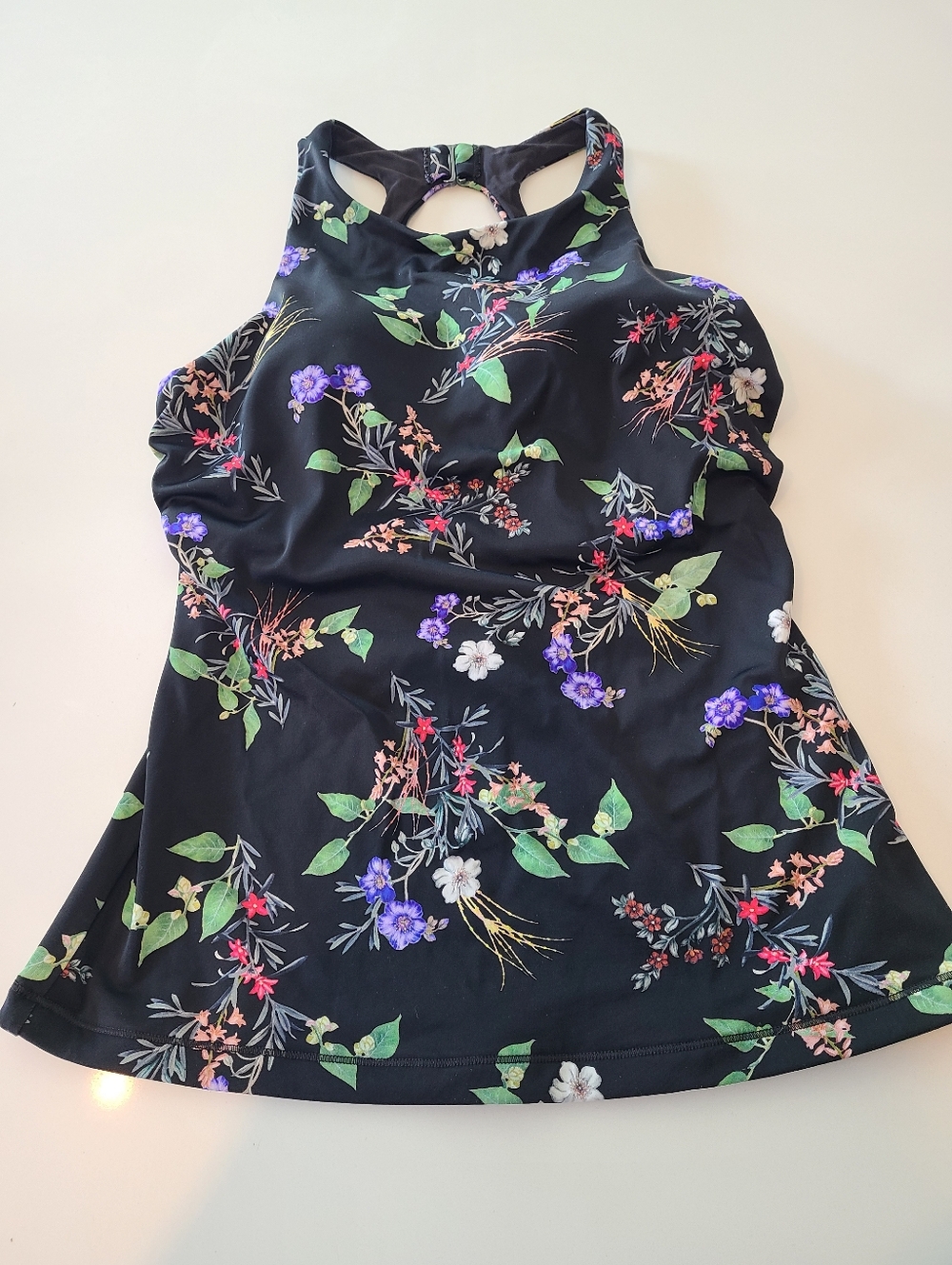 Athleta Floral Black Racerback Swim Top in Size 34D/DD